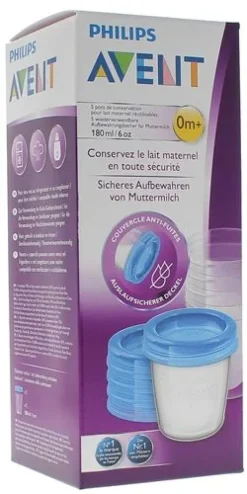 Pots de conservation lait maternel réutilisables 0 mois et + Avent - boîte de 5 pots de 180 ml