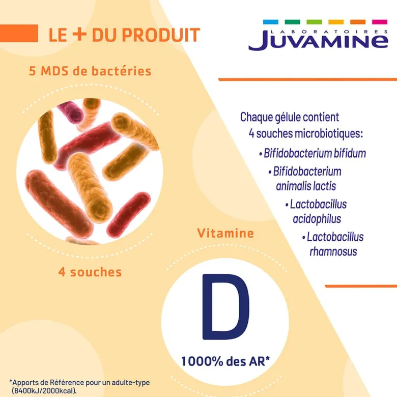 Probiotiques vitamine D3 Juvamine - boite de 20 gélules
