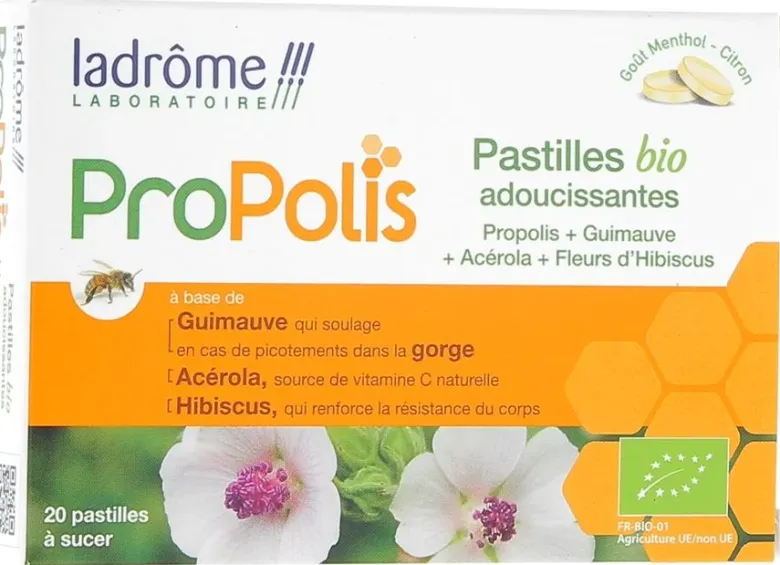 Propolis pastilles bio adoucissantes Ladrôme - Boite de 20 pastilles à sucer