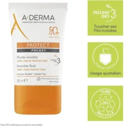 Protect Fluide solaire visage invisible pocket SPF50+ A-derma - tube de 30 ml