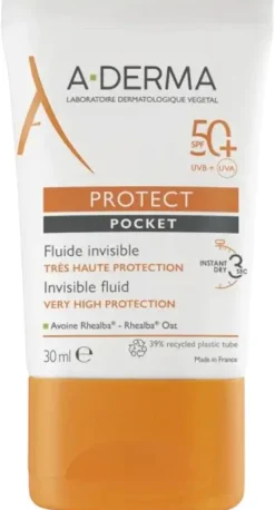 Protect Fluide solaire visage invisible pocket SPF50+ A-derma - tube de 30 ml