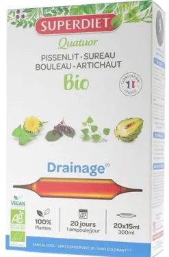 Quatuor BIO Drainage : pissenlit, sureau, bouleau, artichaut Super Diet - 20 ampoules