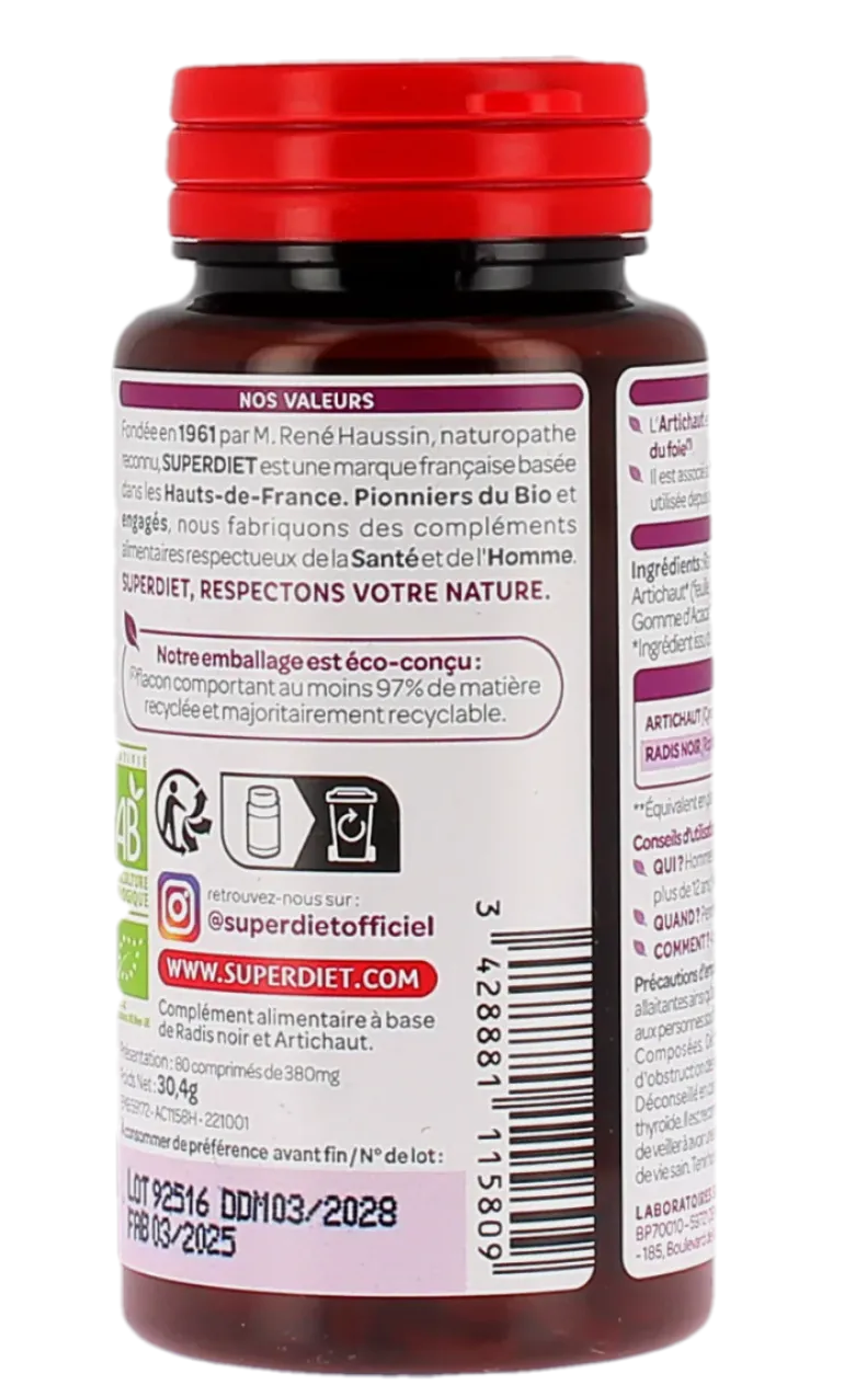 Radis noir et artichaut Bio Super Diet - pot de 80 comprimés