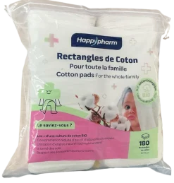 Rectangles de coton Bio Happypharm - sachet de 180 cotons 8x10cm