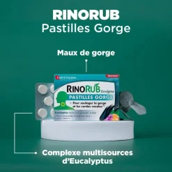 RinoRub eucalyptus pastilles gorge goût menthe sans sucre Forté Pharma - boîte de 24 pastilles