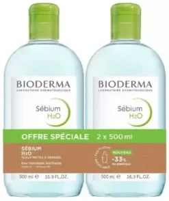 Sébium H2O Eau micellairebpurifiante Bioderma - 2 flacons de 500ml