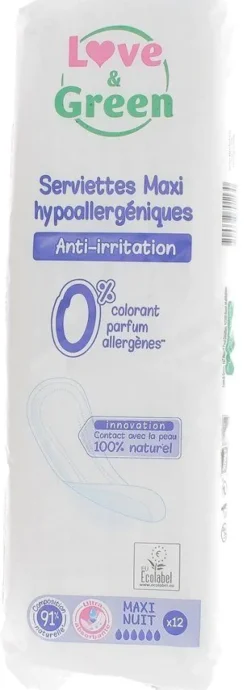 Serviettes anti-irritations maxi nuit Love & Green - 12 serviettes