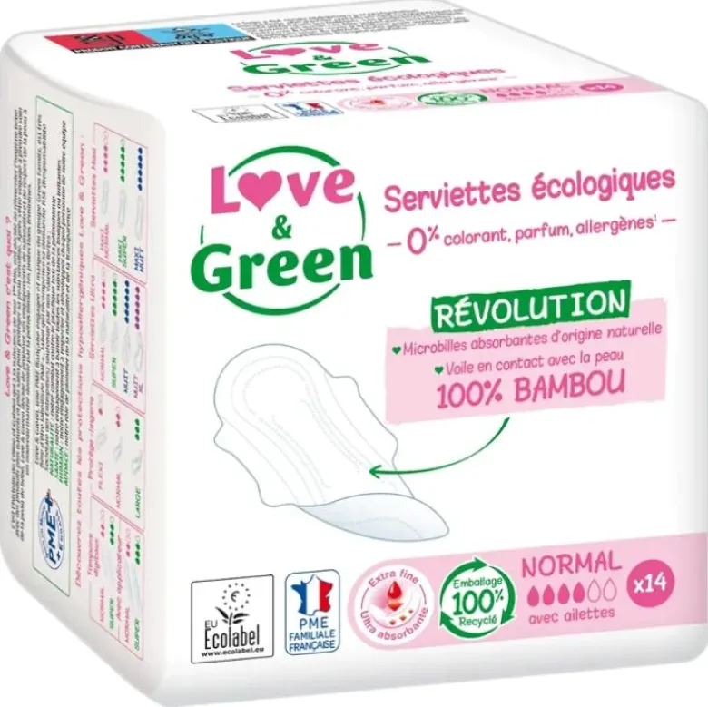 Serviettes hypoallergéniques Normal Love & Green - sachet de 14 serviettes