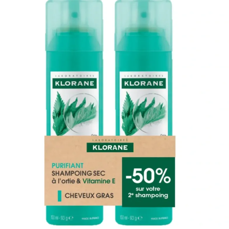 Shampoing sec purifiant à l'ortie & vitamine Klorane - lots de 2 sprays de 150ml
