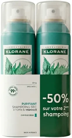 Shampoing sec purifiant à l'ortie & vitamine Klorane - lots de 2 sprays de 150ml