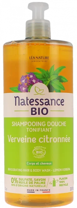 Shampooing douche tonifiant bio verveine citronnée Natessance - flacon-pompe de 1L