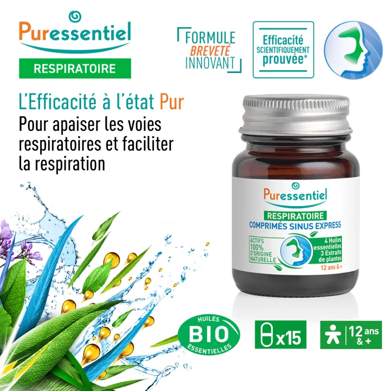 Sinus express aux huiles essentielles bio Puressentiel - boîte de 15 comprimés