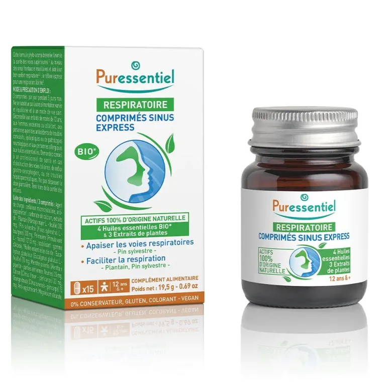 Sinus express aux huiles essentielles bio Puressentiel - boîte de 15 comprimés