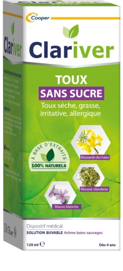 Sirop toux sèche grasse irritative allergique sans sucre Clariver - flacon de 120 ml