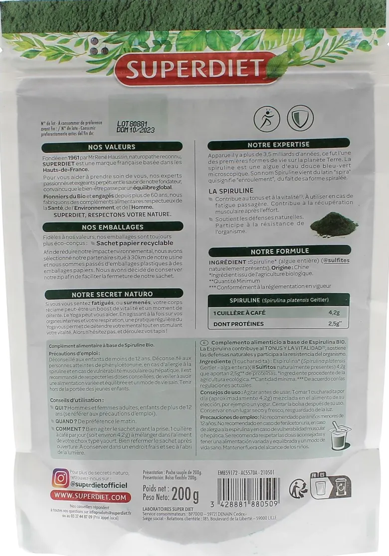 Spiruline bio poudre SuperDiet - sachet de 200g