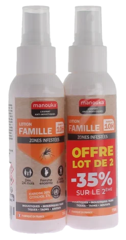 Spray anti-moustique lotion famille zones infestées Manouka - lot de 2 spray de 75ml -35% sur le 2ème