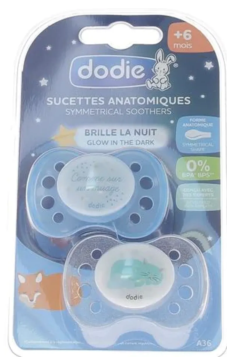 Sucette anatomique Dodie +6 mois spéciale nuit – lot de 2