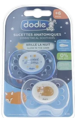 Sucette anatomique Dodie +6 mois spéciale nuit – lot de 2