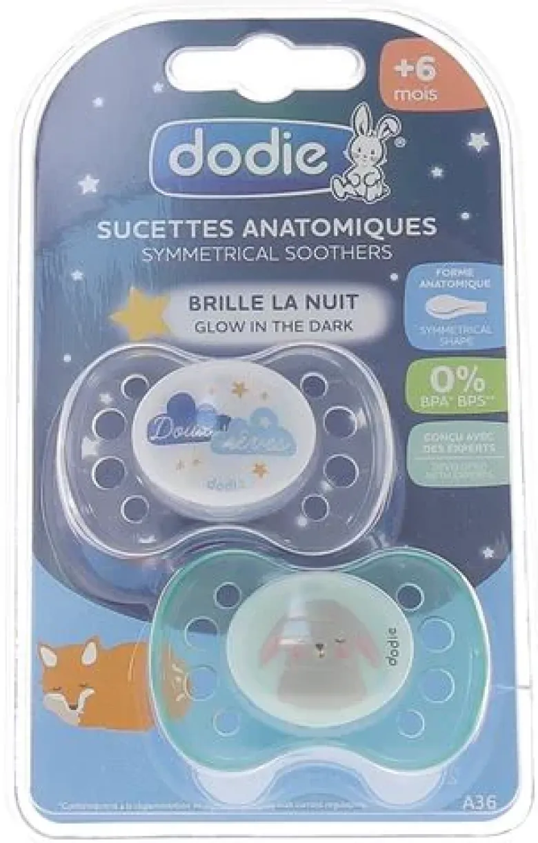 Sucette anatomique Dodie +6 mois spéciale nuit – lot de 2