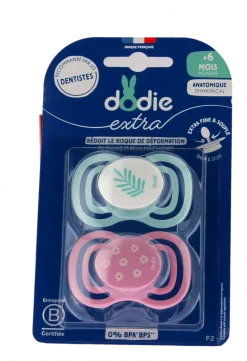 Sucettes anatomiques F2 extra fine jour nuit +6mois Dodie - 2 sucettes