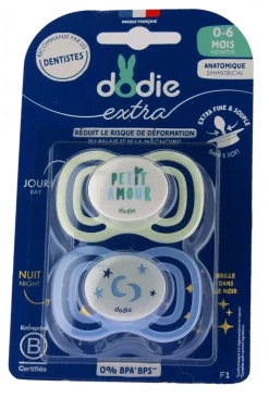 Sucettes anatomiques F1 extra fine jour nuit 0-6 mois Dodie - 2 sucettes