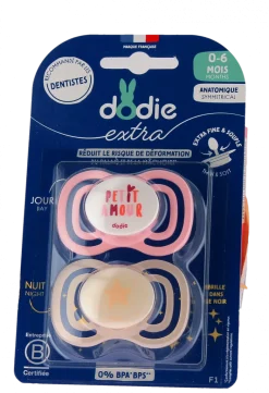 Sucettes anatomiques F1 extra fine jour nuit 0-6 mois Dodie - 2 sucettes