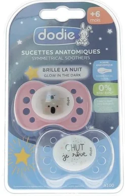 Sucettes anatomiques +6 mois spéciales nuit Dodie - lot de 2 sucettes