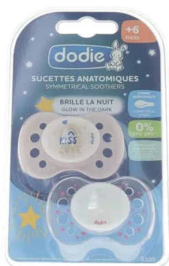 Sucettes anatomiques +6 mois spéciales nuit Dodie - lot de 2 sucettes
