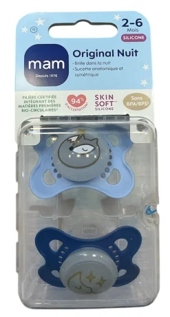 Sucettes anatomiques silicone Original nuit 2-6 mois MAM - lot de 2 sucettes