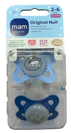 Sucettes anatomiques silicone Original nuit 2-6 mois MAM - lot de 2 sucettes