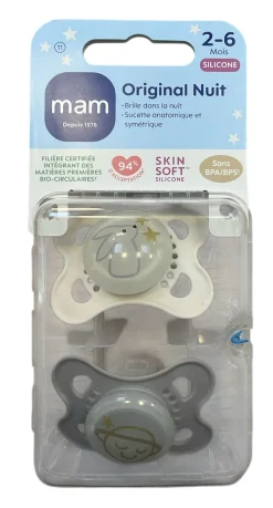 Sucettes anatomiques silicone Original nuit 2-6 mois MAM - lot de 2 sucettes