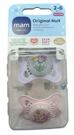 Sucettes anatomiques silicone Original nuit 2-6 mois MAM - lot de 2 sucettes