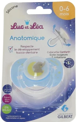 Sucette silicone anatomique avec anneau nuit 0-6 mois Luc et Léa - une sucette