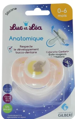 Sucette silicone anatomique avec anneau nuit 0-6 mois Luc et Léa - une sucette