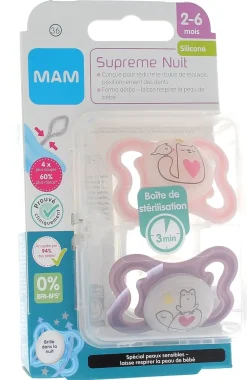 Sucette Supreme nuit 2-6 mois MAM - boîte de 2 sucettes