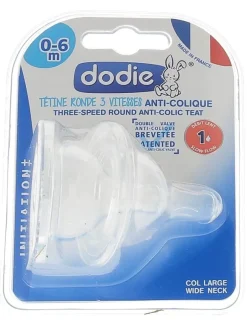 Tétine ronde 3 vitesses anti-colique col large 0-6 mois débit 1 Dodie - deux tétines