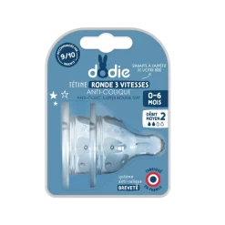 Tétine ronde 3 vitesses anti-colique col large 0-6 mois débit 2 Dodie - 2 tétines
