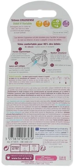 Tétines silicone anti-colique 4 mois + débit variable Luc et Léa - 2 tétines