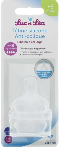 Tétines silicone anti-colique 6mois + débit liquide épais Luc et Léa - 2 tétines