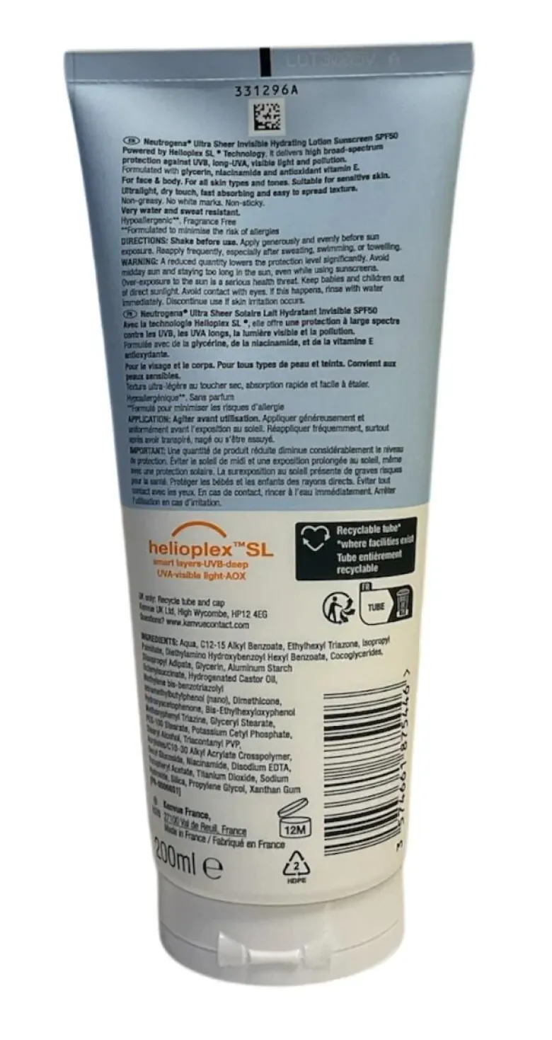 Ultra Sheer Lait corps invisible solaire SPF50 Neutrogena - tube de 200ml