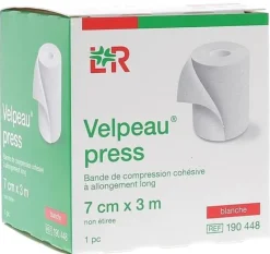 Velpeau Press Bande de compression cohésive à allongement long - boîte d'une bande blanche de 7x3cm