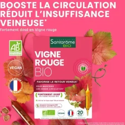 Vigne rouge bio favorise le retour veineux Santarome - boite de 20 ampoules