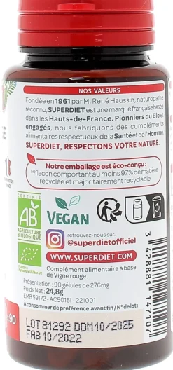 Vigne rouge circulation bio Super Diet - boite de 90 gélules