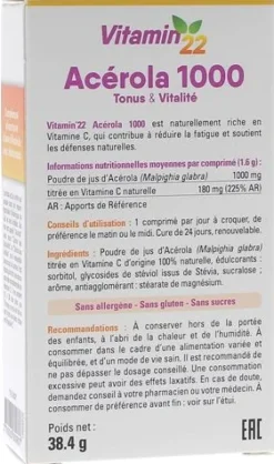 Vitamin'22 Acérola 1000 vitamine C Ineldea - boîte de 24 comprimés à croquer