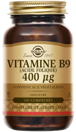 Vitamine B9 (acide folique) 400 ug Solgar - Flacon de 100 comprimés