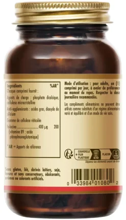 Vitamine B9 (acide folique) 400 ug Solgar - Flacon de 100 comprimés