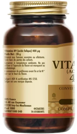 Vitamine B9 (acide folique) 400 ug Solgar - Flacon de 100 comprimés