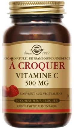 Vitamine C 500 goût framboise/cranberry Solgar - pot de 90 comprimés à croquer