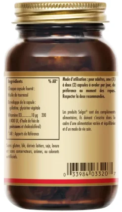Vitamine D3 Solgar - pot de 100 gélules