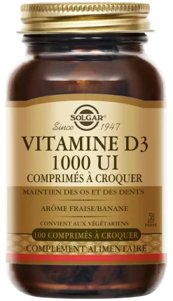 Vitamine D3 1000 UI Solgar - boîte de 100 comprimés à croquer